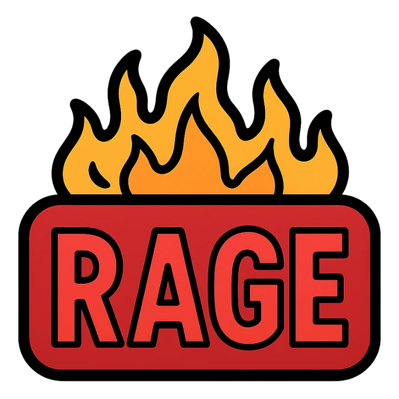 red background that gets darker in the middle, red text 'RAGE' in a different shade from background, fire coming out of the text sticker