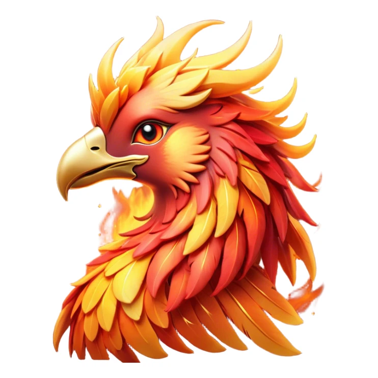 Cinematic Cute Mystical Fire Phoenix Portrait Emoji, Head tilted playfully and inquisitively, showcasing a vibrant, flame-kissed form with intricately detailed feathers in warm shades of red, orange, and shimmering gold, accented by delicate sparks and a gentle, inviting glow; rendered with lifelike detail and soft, radiant light, high shine, enchanting and spirited, styled with a touch of mythic whimsy, soft glowing outline, capturing the essence of a mischievous yet endearing phoenix poised to flutter playfully into your heart! sticker