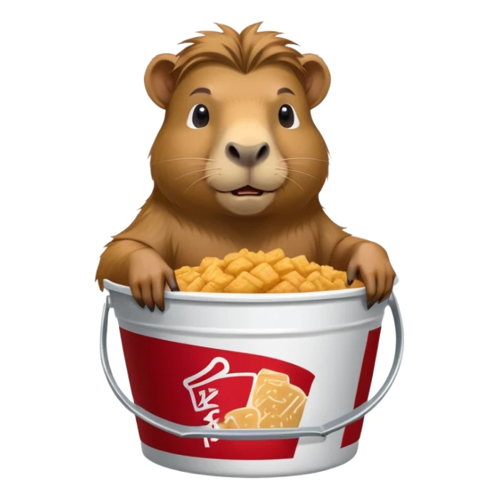 Muscular capybara with Johnny Depp features, goatee, long hair, sitting in a KFC bucket sticker