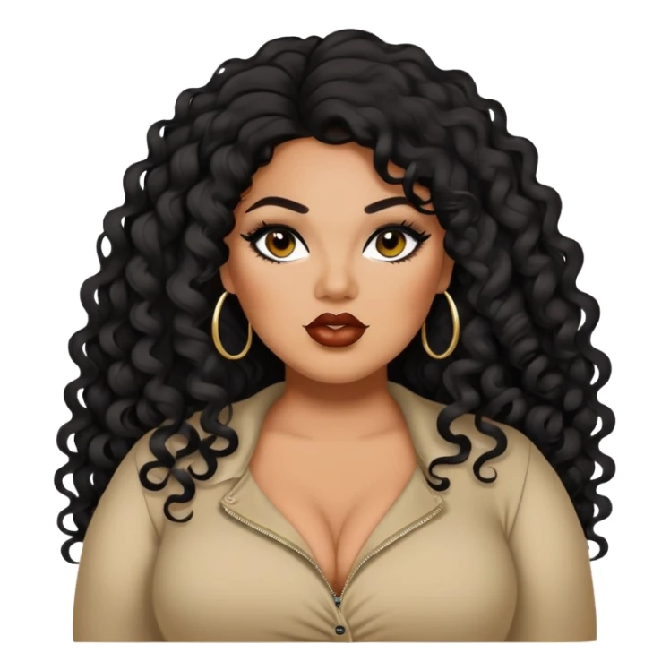 big plus size, darker tan skin, long black curly hair, baddie,pretty, makeup, lipliner, black eyeliner, long hair sticker