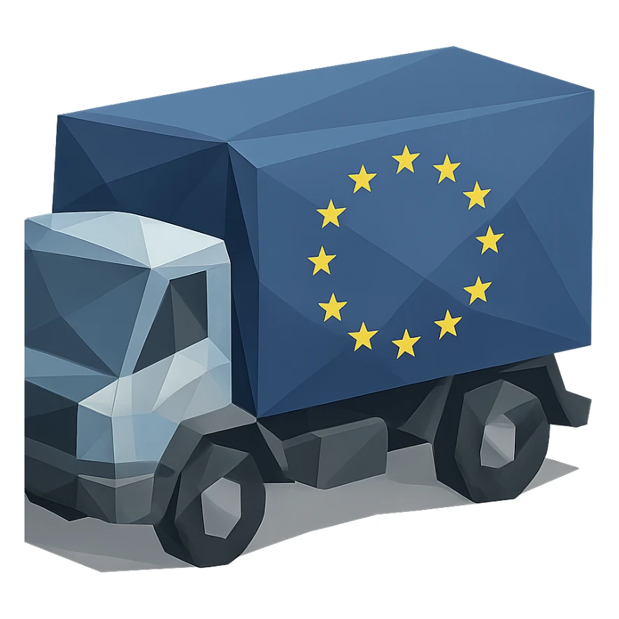 polygonal low-poly style cargo truck with European flag sticker