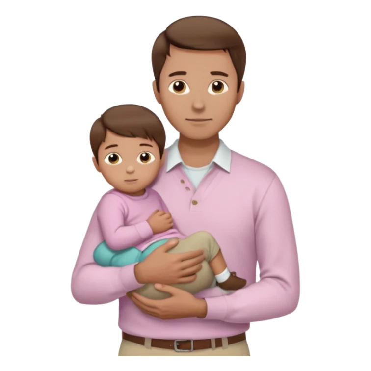 A father with neatly combed chestnut-brown hair, wearing a white button-up shirt and light khaki pants, holding his child close. The child has silky dark hair and a pale pink sweater. Bright natural light, clean and gentle mood. sticker