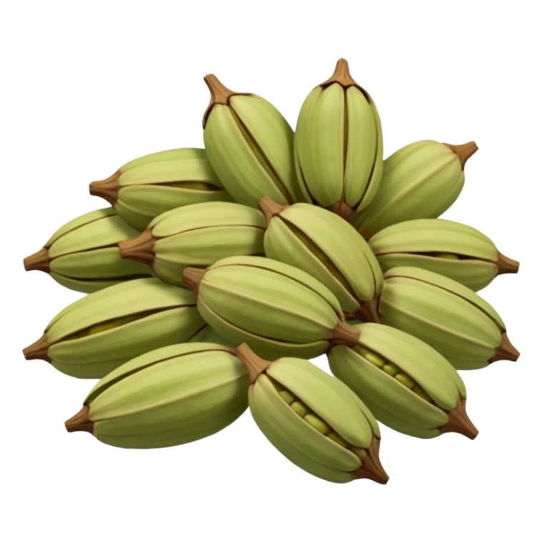 small scatter of whole cardamom pods, oval ridged shape, pale green to light brown hues, slightly wrinkled dry surface, visible seams and pointed ends, aromatic spice seeds inside, apple emoji style, soft lighting, subtle shadows, transparent background, emoji scale sticker