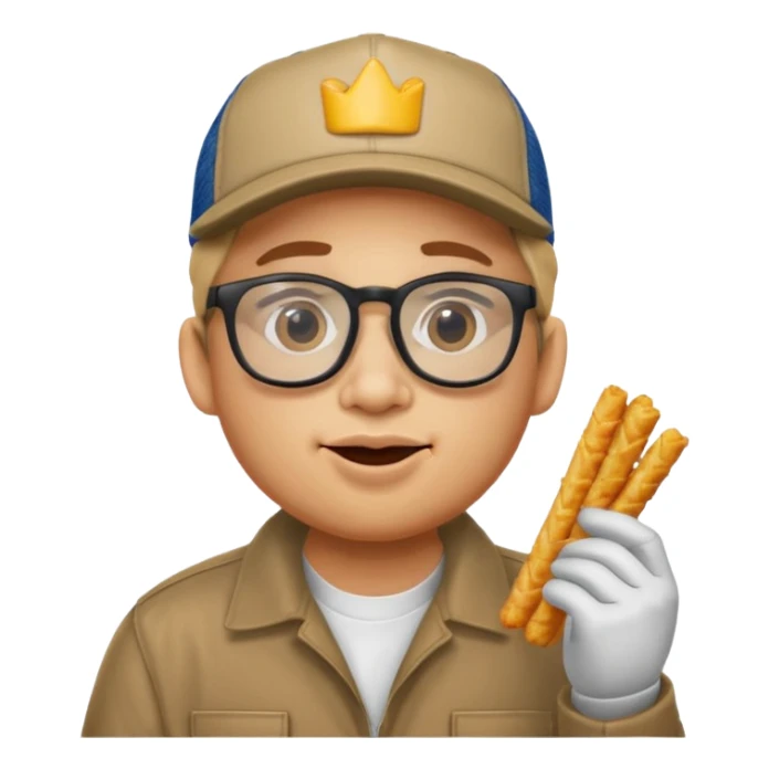 num num eatting hashbrown sticks with a trucking cap and glasses sticker