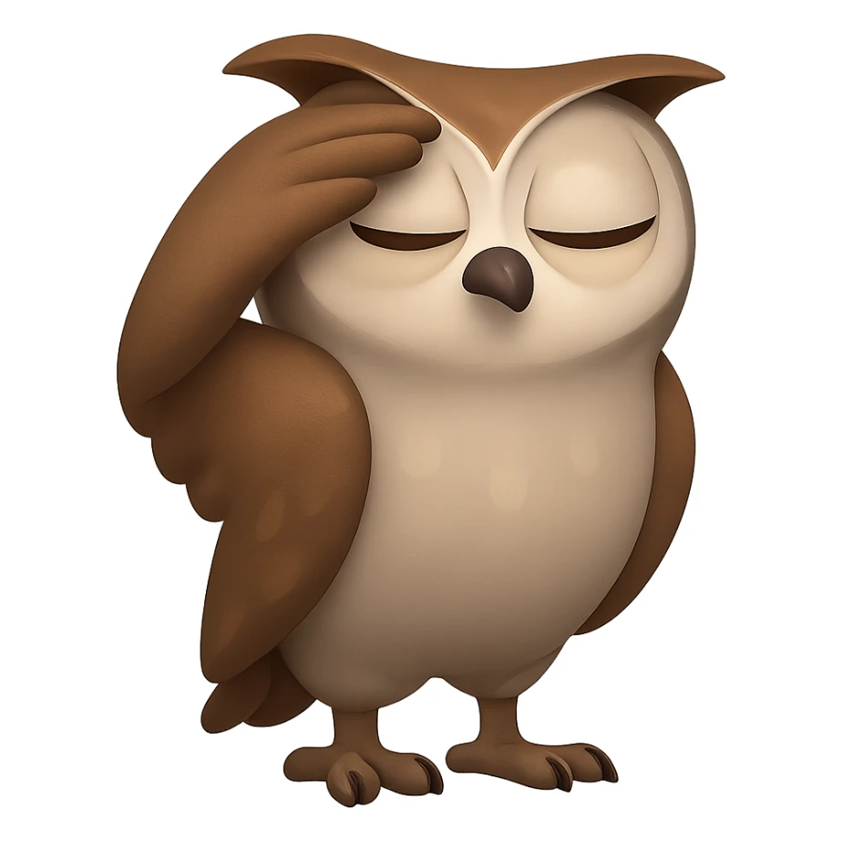 В стилистике эмоджи сгенерируй сову с сосредоточенным видом, которая держит крыло сверху лба, но не так, что у нее болит голова, а будто она всматривается в даль, ее вид должен символизировать интуцию, чуйку, прозрачный фон sticker