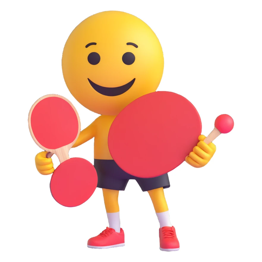3D smiley emoji, round shape, with table tennis paddle and ball, sporty face sticker