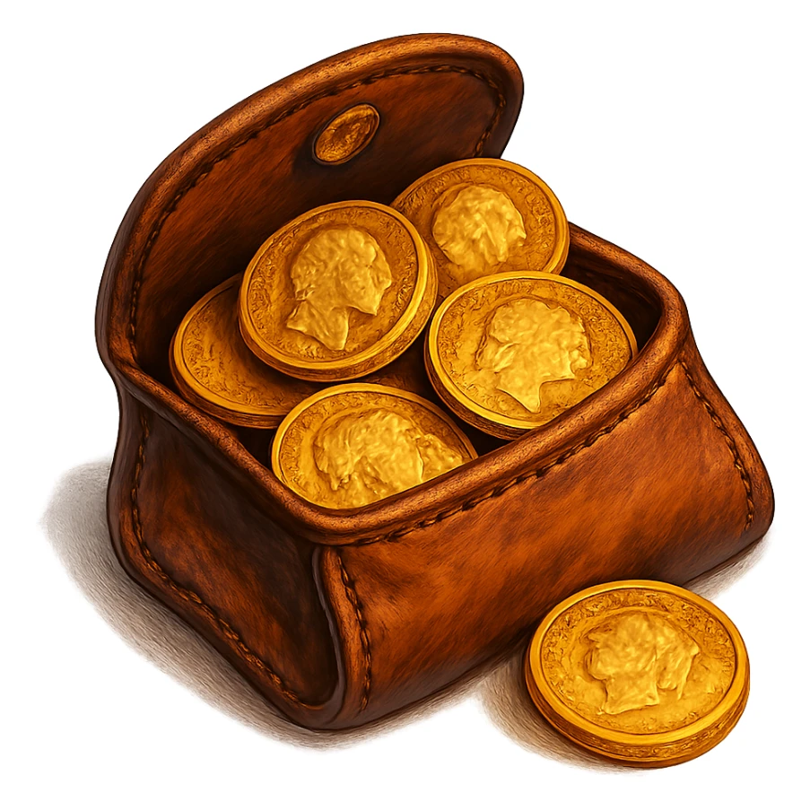 В cлегка рисованной, но при этом объемной и яркой стилистике сгенерируй картинку кожаного кошелька, из которого торчат натуральные фотореалистичные старые золотые монеты. Они должны выглядеть не как пластмассовые, а как настоящее золото. Прозрачный фон sticker