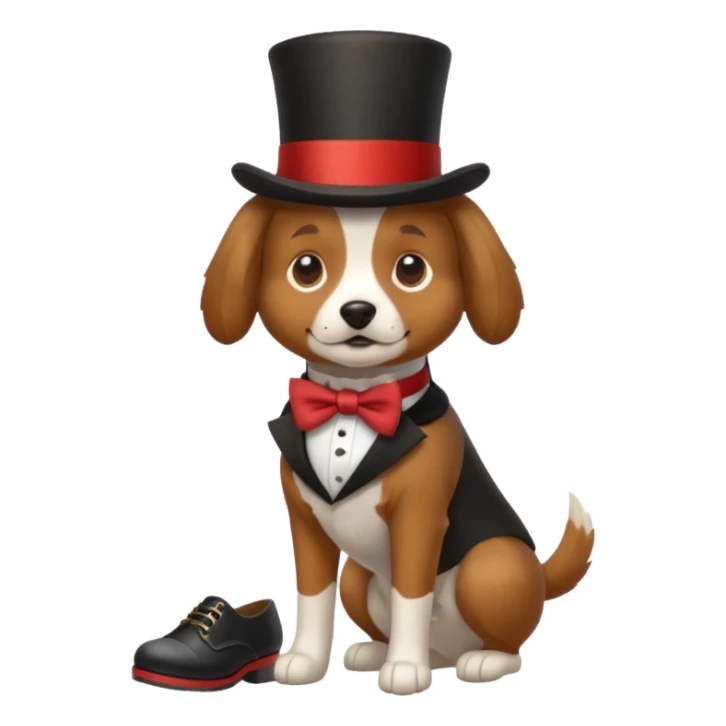 A dog wearing shoes and a top hat sticker