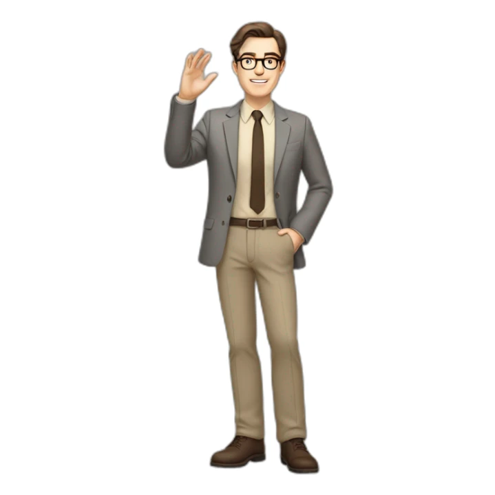 Full height Actively Gesturing Pale skinned fit man with dark brown hair in gray jacket, beige office shirt, brown tie, brown pants and vintage glasses. sticker