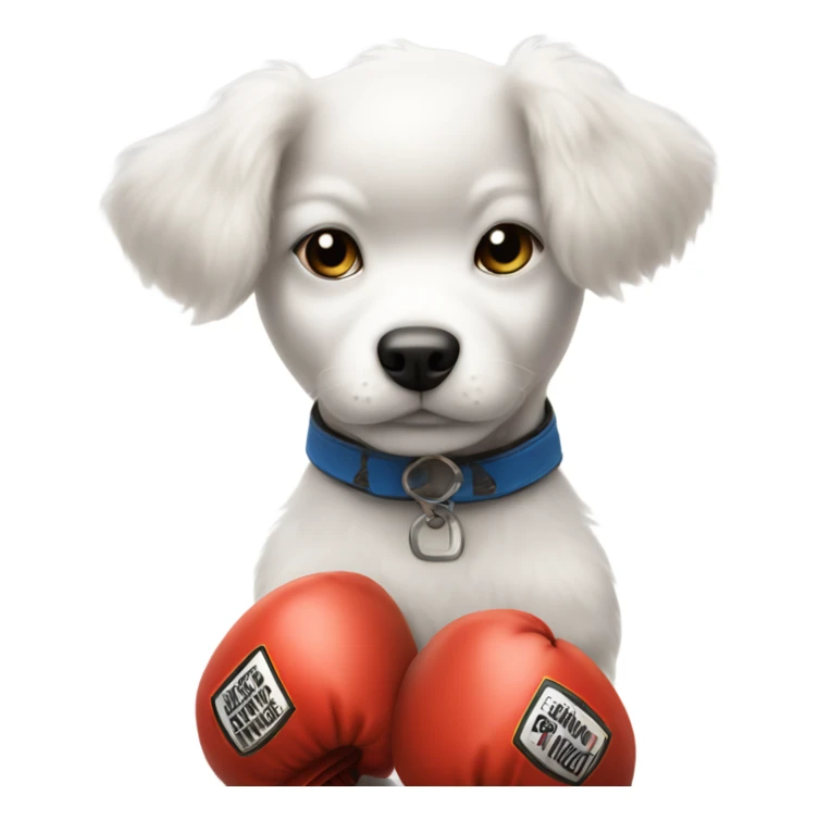 White puppy wearing boxing gloves with an Afro sticker
