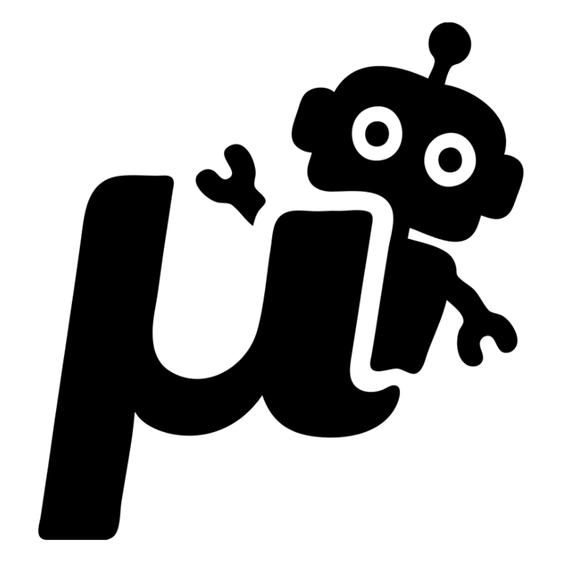 solid icon of a blue lowercase mu with a playful toy robot peeking from behind sticker
