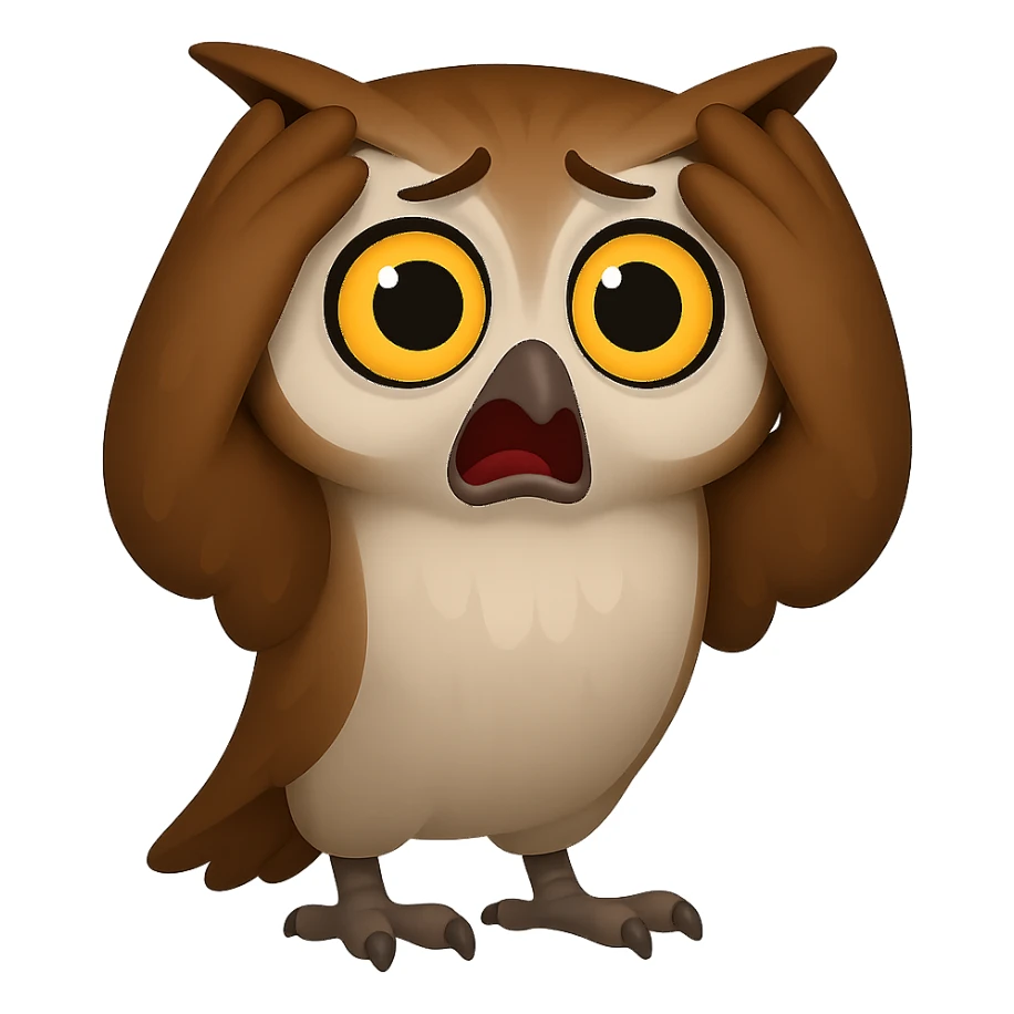 В стилистике эмоджи сгенерируй сову, она в панике хватается крыльями за голову, прозрачный фон sticker
