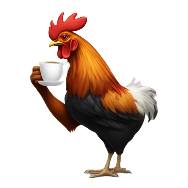 a rooster holding a small coffee cup with its wing sticker