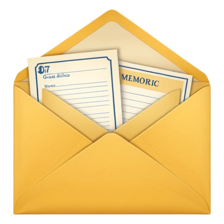 A simple emoji-style icon of a yellow manila envelope with subtle paper texture, clean edges, and a small graduation 2017 group-photo icon on the front, representing class memories and archived academic records. sticker