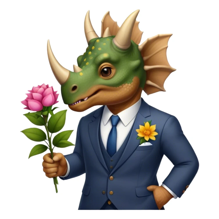 old triceratops in suit holding flowers sticker