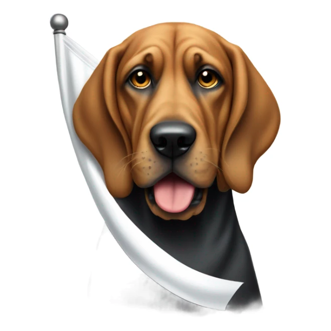 Bloodhound dog holding a white flag in its mouth. sticker