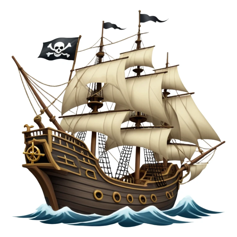 An icon representing an adventure game, inspired by high-seas exploration. The design features a fearless pirate gripping the wheel of a grand sailing ship, its tattered Jolly Roger flag billowing as it cuts through stormy waters. The scene evokes danger, treasure, and the thrill of the open sea. Transparent background. sticker