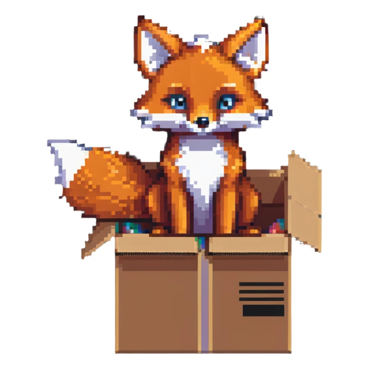 Playful fox sitting in a cardboard box, kids toy aesthetic, pixel art style sticker