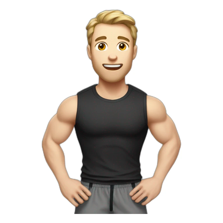amazed Open with surprise mouth Pale skinned Fit Man With the biceps and dark brown hair in black shirt, gray sports shorts and white Sneakers sticker