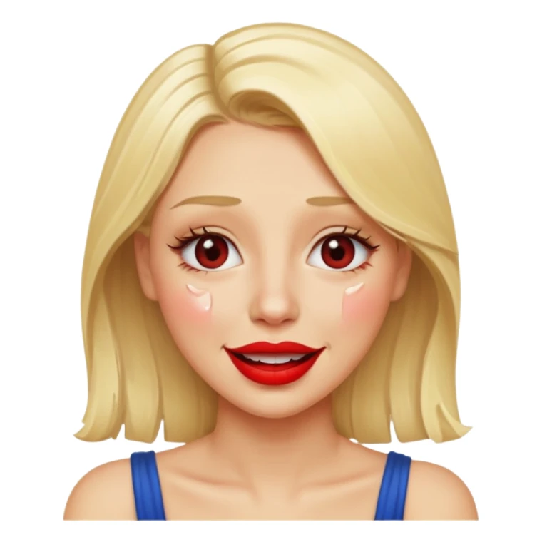 blonde having crying tears from hard laughter. really happy in general, happy eyes. red lipstick sticker