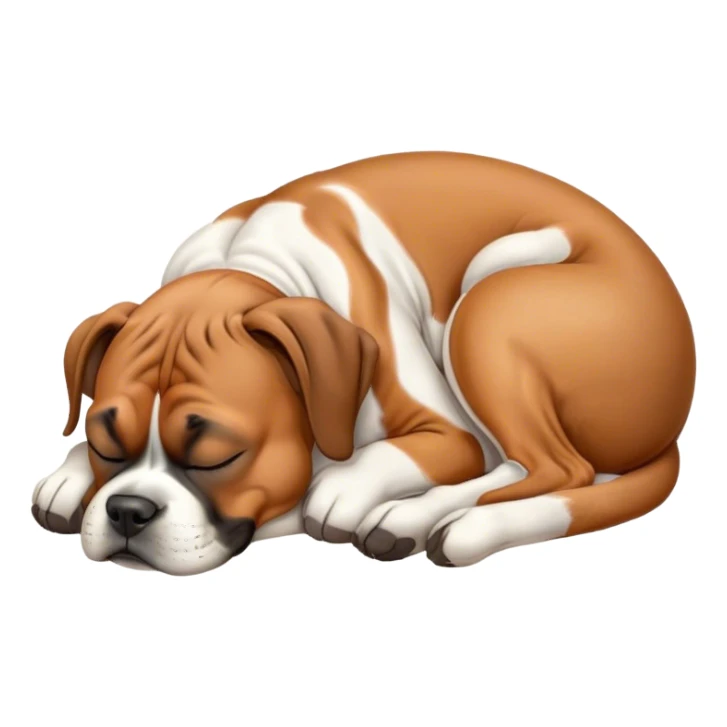 Cinematic Meme-Worthy cute Sleeping Boxer dog Portrait Emoji, Head resting peacefully with a contented smile, showcasing a delightfully cute build and a luxuriously soft fawn fur, eyes shut in a serene nap, Simplified yet hilariously adorable features, highly detailed, glowing with a soft, drowsy light, high shine, relaxed and utterly lovable, stylized with an air of playful laziness, bright and heartwarming, soft glowing outline, capturing the essence of a comically sleepy Boxer, so meme-worthy it feels like it could instantly become the next viral sensation of adorable slumber! sticker