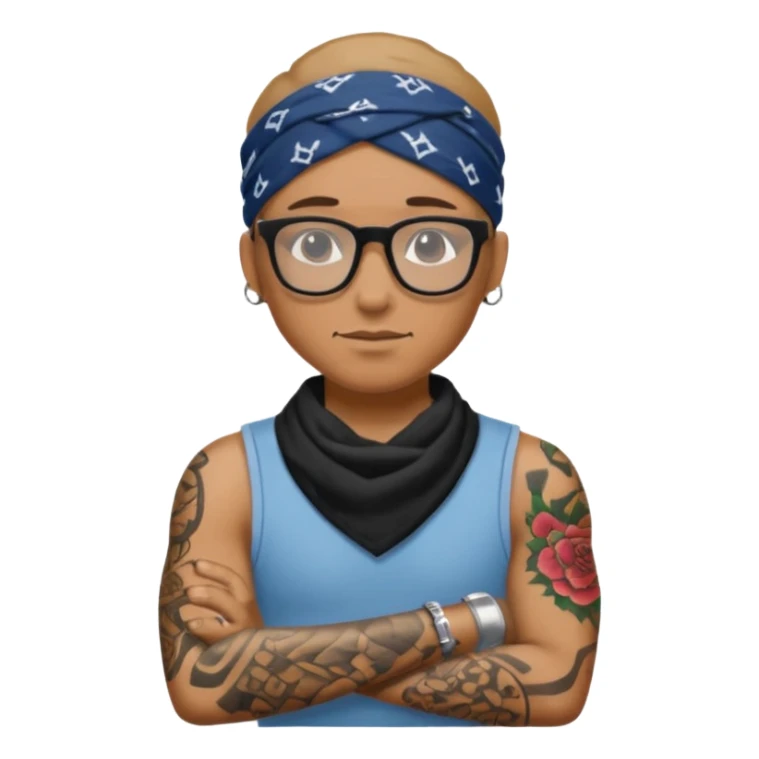 character with bandana and glasses and tattoed sticker
