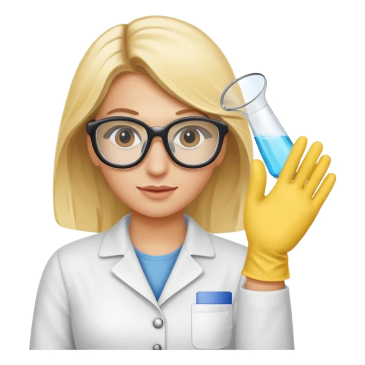 Eine hellblonde Chemikerin mit Kittel, Handschuhen, großer Labor-Sicherheitsbrille und typischem Erlmeyerkolben in der Hand, weißer Hintergrund sticker
