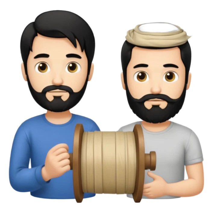 Man with long black hair tied in a spool and beard with a young short-haired blond without a beard sticker
