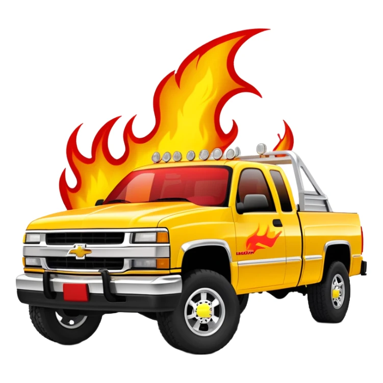 Yellow 1997 Chevrolet Silverado Crew Cab with prominent red flame graphics on the hood and front fenders, 30-degree angle, iconic Kill Bill truck, iOS emoji style sticker