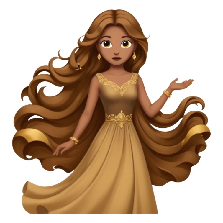 Woman using a long elegant dress. She has medium skin tone and a brown with gold makeup sticker