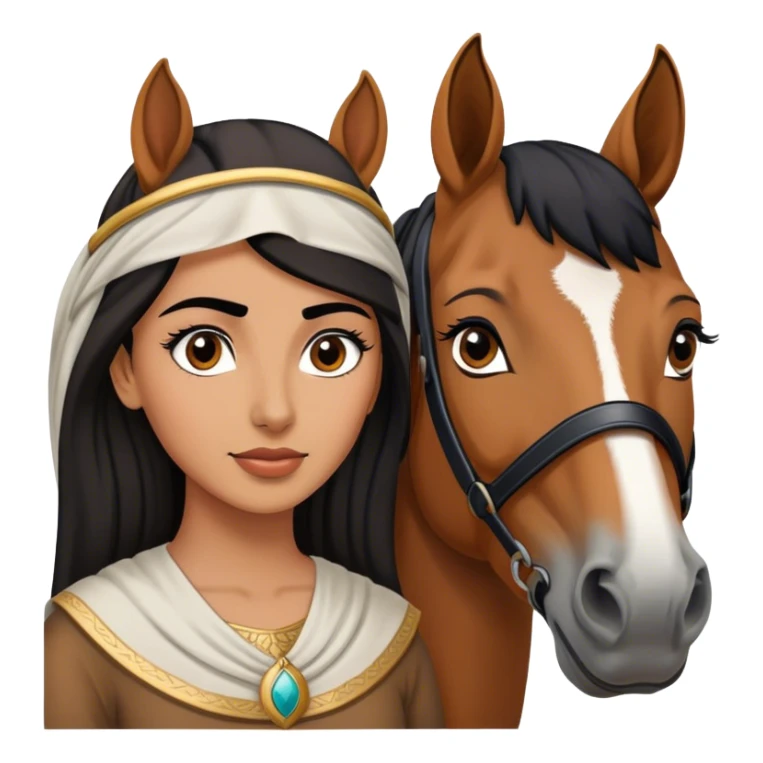Middle Eastern woman with black and well defined eyebrows next to a horse  sticker