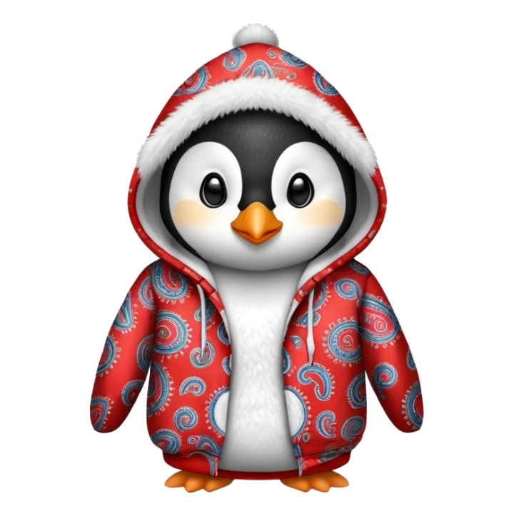 penguin wearing a red paisley pattern hoodie sticker