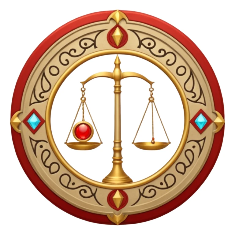 A circular casting sigil inspired by the Wizard101 Balance School, featuring ancient alchemical and arcane motifs. The base color is sand, with red trim accents. At the center is a golden balance scale as the primary focal symbol. sticker