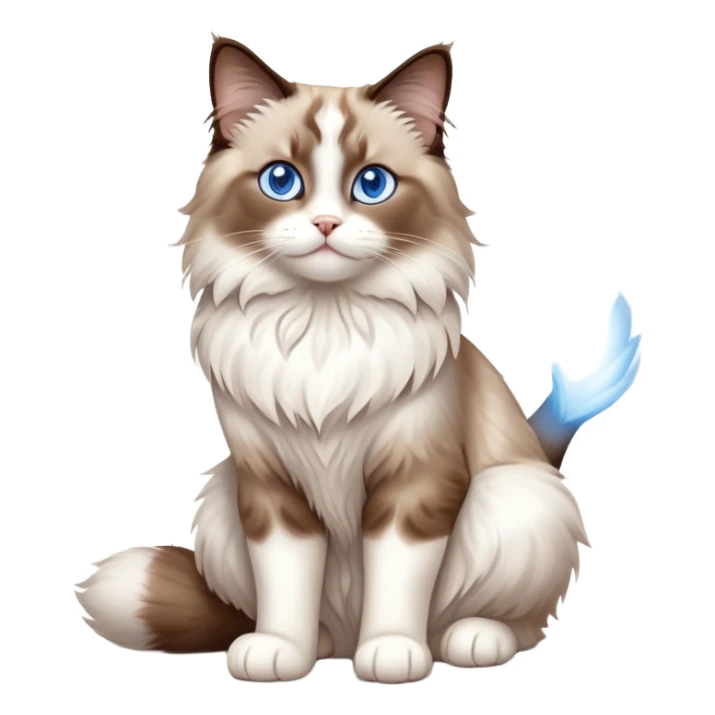 cinematic-[brown and white ragdoll cat]-realistic-full-body-sitting-emoji,-tail-curled-playfully-around-its-paws,-head-tilted-dramatically,-fluffy-[brown and white]-fur,-simplified-yet-realistic-focused-features,-highly-detailed,-glowing-with-an-almost-sarcastic-glow, with blue eyes sticker