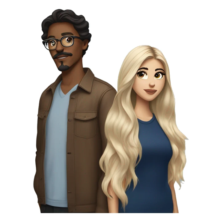 brunette, long haired, brown eyed, madison beer wearing Aritzia standing next to blonde man with , mustache, blue eyes, and brown glasses sticker