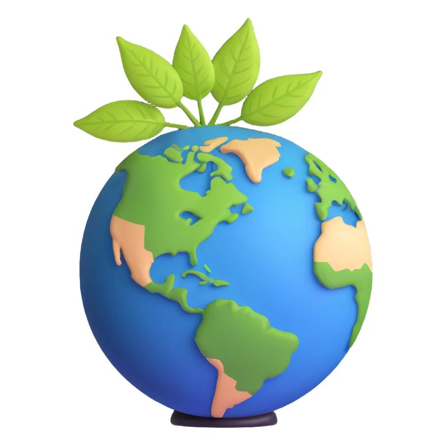 Green leaf on top of a round Earth globe, simple background, soft light sticker