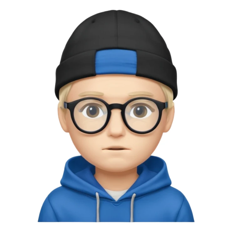 a shy boy wearing thick black glasses (nerd) and hide all his hair under a blue cap, wearing a normal hoodie (ios memoji) sticker