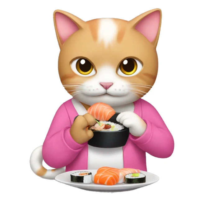 A cat eating sushi with a pink shirt on sticker
