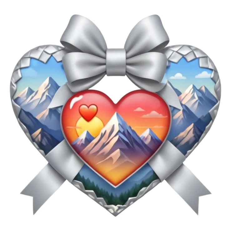 heart with a mountain sunrise, silver bow with heart pattern on the bow, apple emoji style sticker