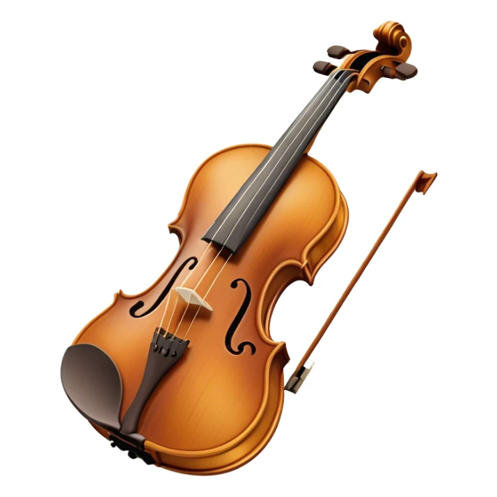 Create an elegant and detailed emoji representing a Stradivari violin. The design should showcase the finely crafted wooden body of the violin, with its smooth curves and rich, golden-brown wood finish. Highlight the intricate f-holes, fingerboard, and bridge. The bow should be placed next to the violin, with visible horsehair and a polished wooden stick. Use warm, deep wood tones for the body and subtle silver or gold accents for the fittings. Add a soft glow or light reflections to emphasize the exquisite craftsmanship and timeless beauty of the instrument. The background should be transparent. sticker
