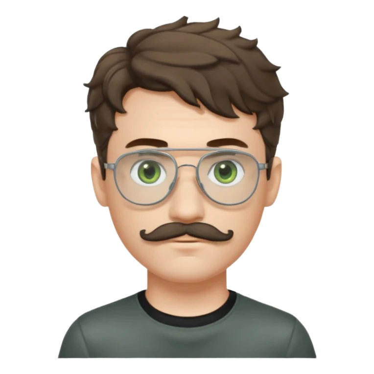 Light brunette wavy haired young man with pale skin and metal aviator glasses. Eyes are greenish grey and he has a moustache. Black t-shirt. sticker