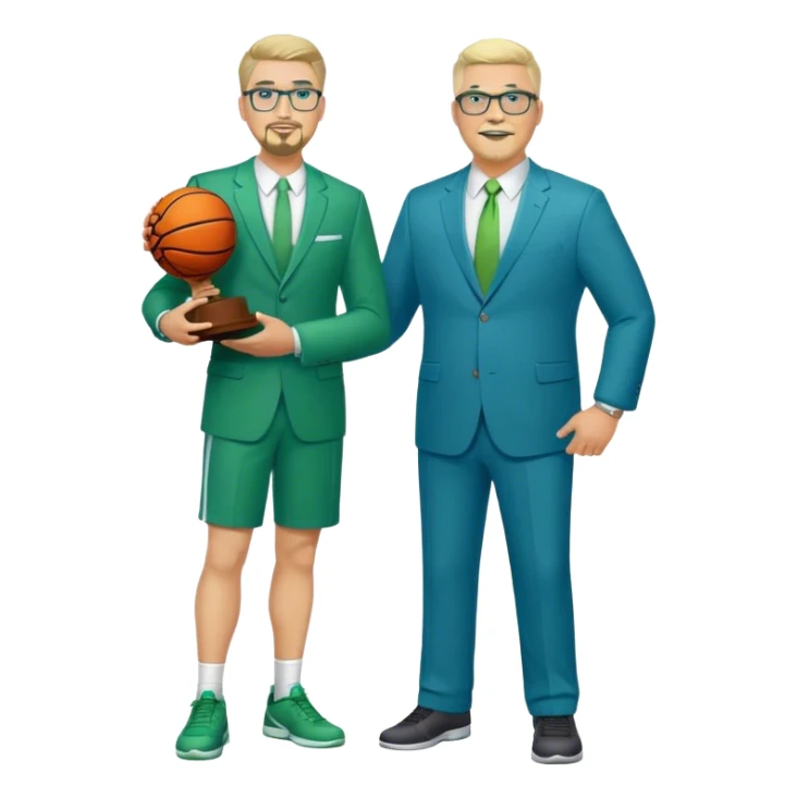 Full Body white male plus size wearing glasses with a goatee with light blonde and gray very short hair happy basketball head Coach in blue and green suit holding trophy sticker