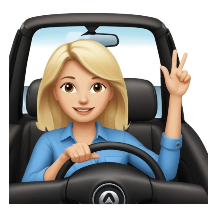blonde woman driving car. one hand up Happy face confidence sticker