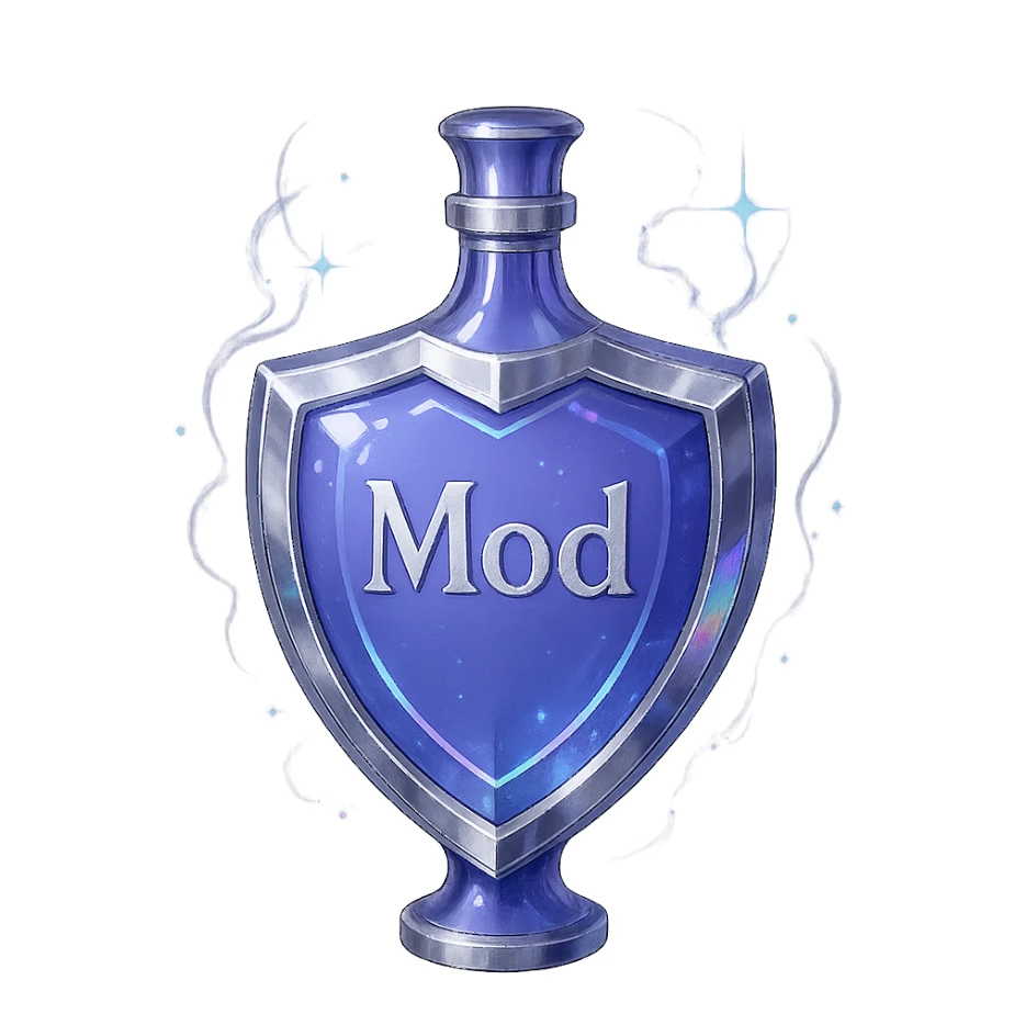 prabangus eliksyro buteliukas, skydo forma, spalva #7986cb, sidabrinės ir holografinės detalės, daug magiškų efektų, labai mažas kaklelis, vientisas dugnas, skaidrus fonas, plūduriuoja ore, be pagrindo ar šešėlio, modernus, kolekcijai tinkamas, ant buteliuko užrašas 'Mod' sticker