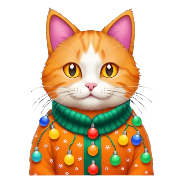 cat wearing a christmas sweater wrapped in christmas lights sticker