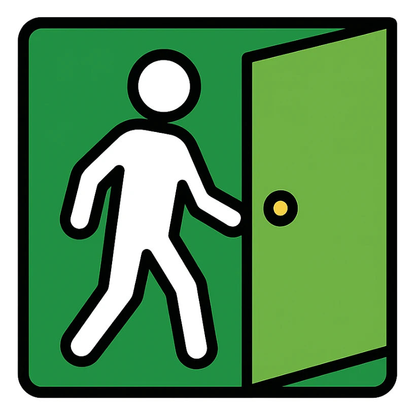 minimalistic icon of a white human figure walking through an open outlined door, viewed from the front, door with visible doorknob, solid green background, flat simple clean lines, high contrast sticker