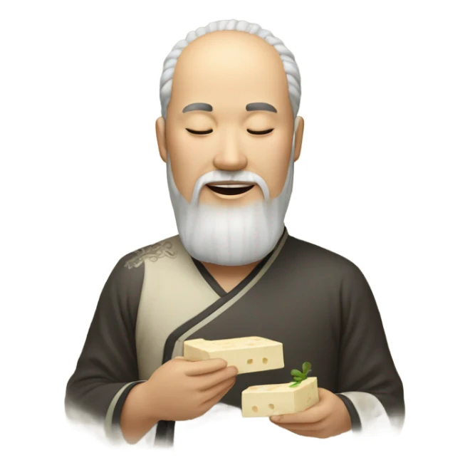 Chinese with closed eyes eating tofu and has twirly beard sticker