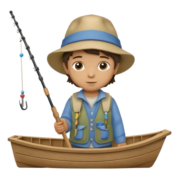A single Little boy on a little boat fishing, felt texture, scrapbooking, precious moments style character sticker
