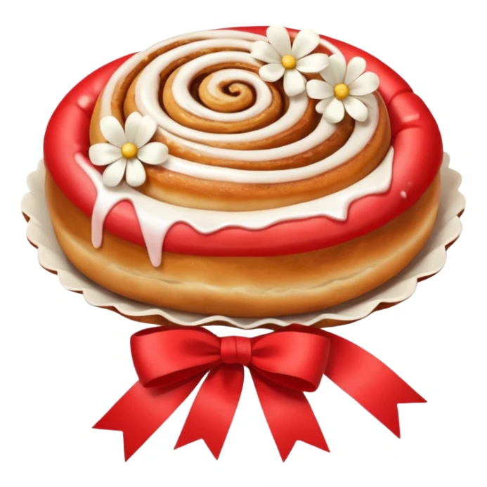 A cinnamon roll , white flowers bouquet with red ribbon and cute white bow sticker