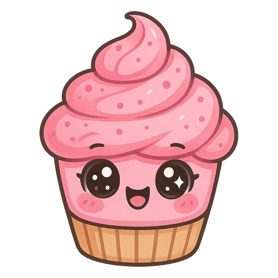 a cute pink cupcake, original design, big eyes, blushing cheeks, joyful sticker
